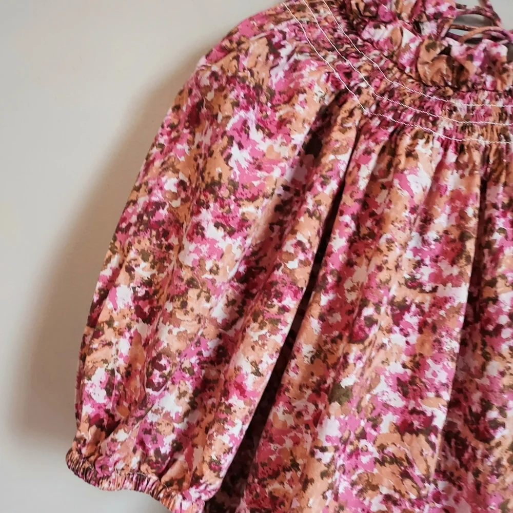 J. Crew Medium Smocked Floral Short Puff Sleeve Pink Floral Blouse Tie Back